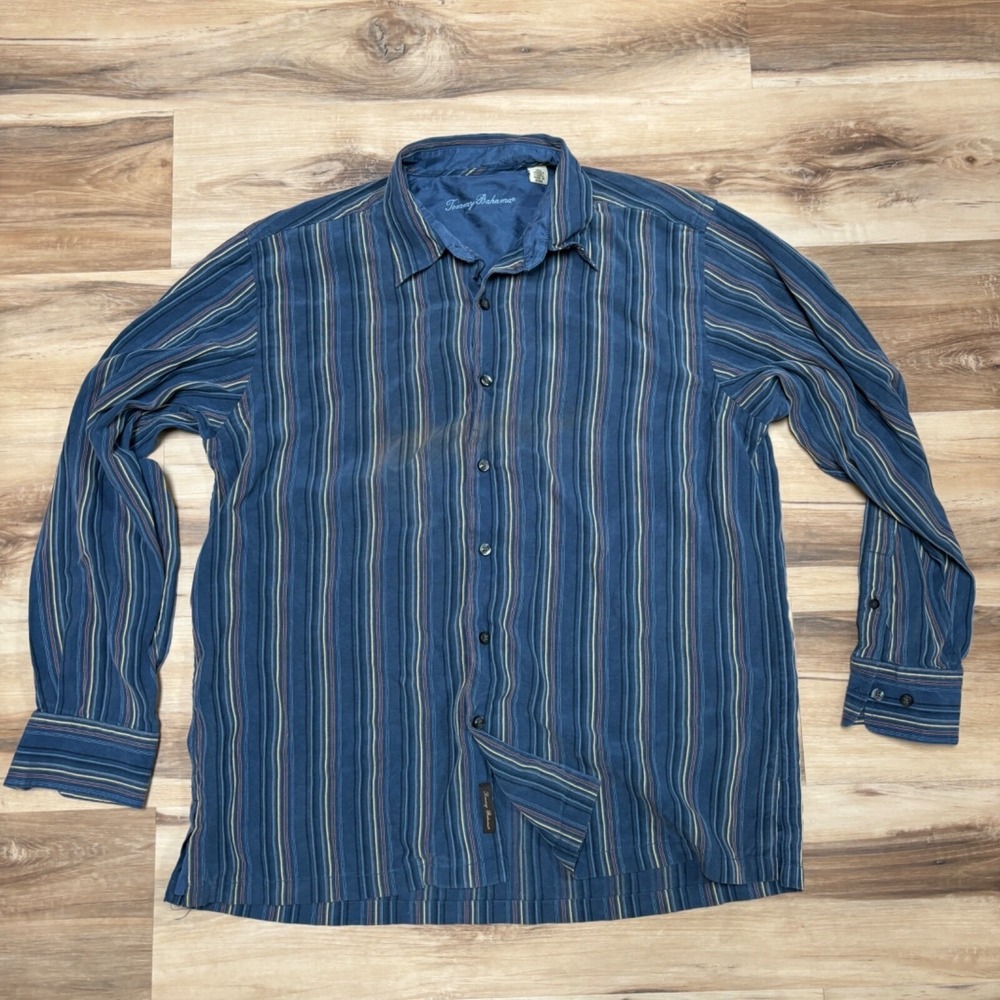 Tommy Bahama Shirt Mens L Striped Tencel Lyocell Relaxed Blue Resort Vacation LS